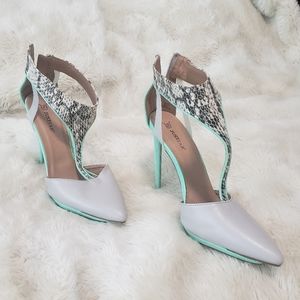 JustFab mint, grey and snakeskin heels